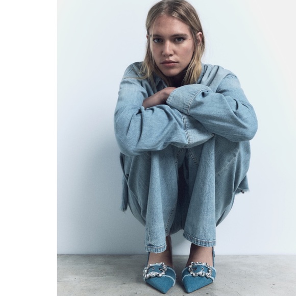 ZARA BUCKED DENIM SLINGBACK SHOES - Picture 3 of 9